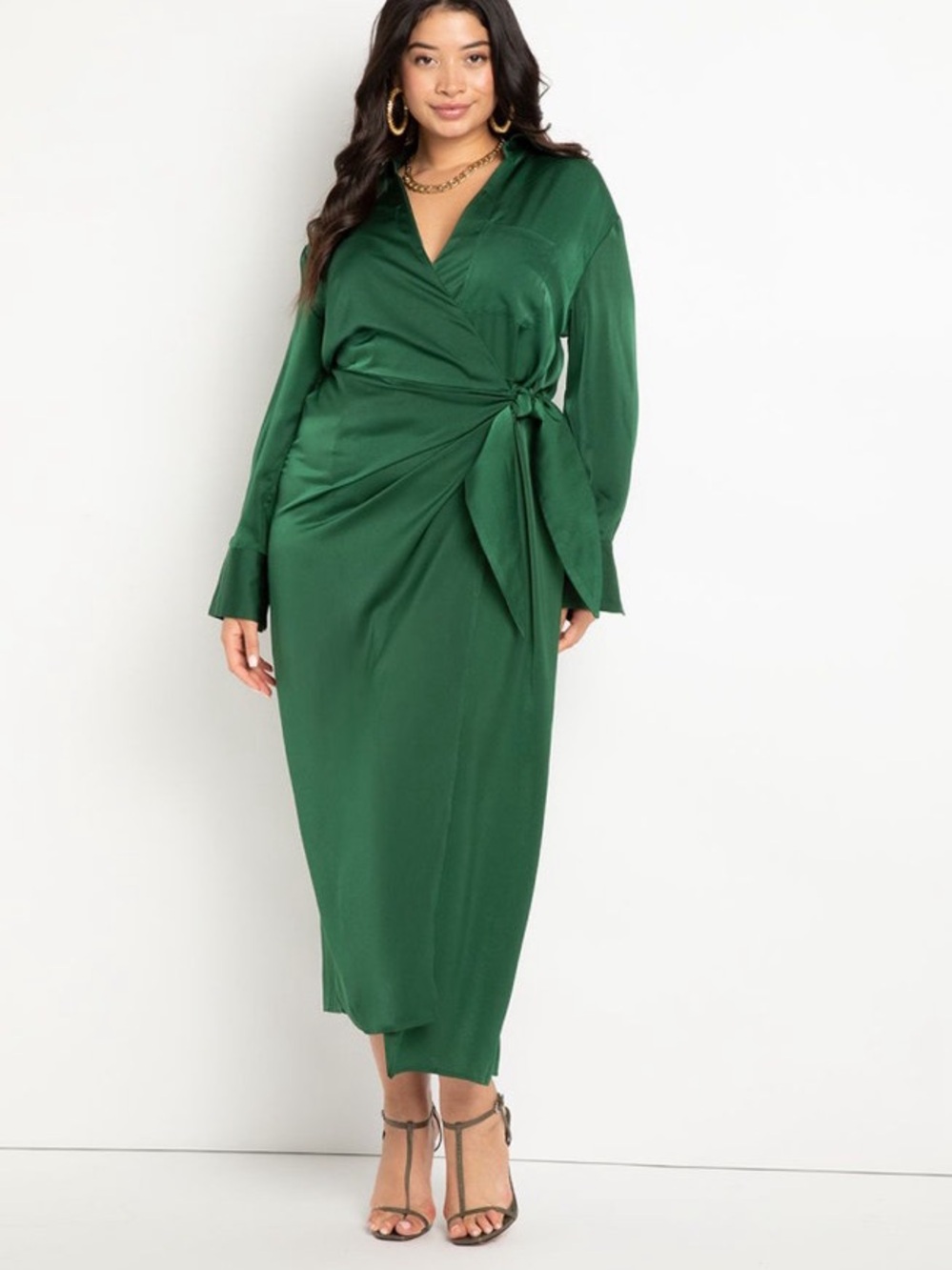 NWT Eloquii Satin Maxi Wrap Dress in Eden Emerald Green Long Sleeve Sz 28 Lux